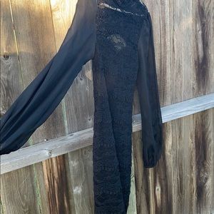 black lace dress with sheer sleeves